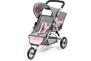 Bayer Design - Twin Dolls Pram Duo Grey Pink Butterfly - Double Stroller for Dolls, Sun Canopy, Security Belt - Dolls Up to 1