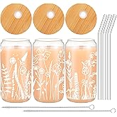 Bokon 3 Pcs Christmas Floral Iced Coffee Cups with Bamboo Lids and Straws 16 oz Christmas Gift Wildflower Glass Cup for Women Flower Drinking Glass Bottle with Brush Birthday Bridesmaid Party Gift