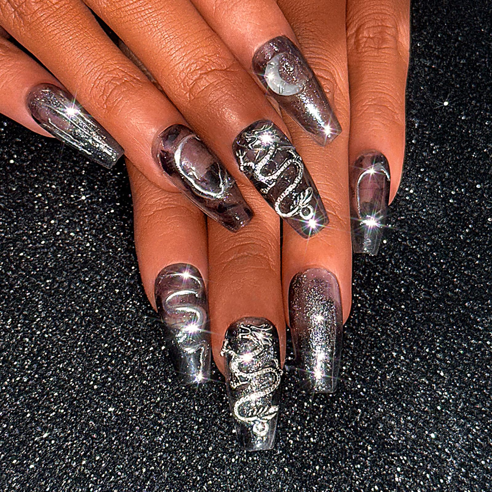 Sethexy Punk Long Coffin False Nails Handmade Rhinestone Glitter Glossy Fake Nails 3D Dragon Crystal Moon Press On Nails Hand-painted Salon Quality Nail Removable for Women and Girls(Z)