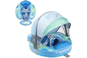 ANJEEIOT Mambobaby Float with Canopy Non Inflatable Baby Pool Float Upgraded Tail Toddler Baby Float with Removable Sun Canopy Safety Swim Float No Flip Over for Age 3-24 Months, Earth Blue