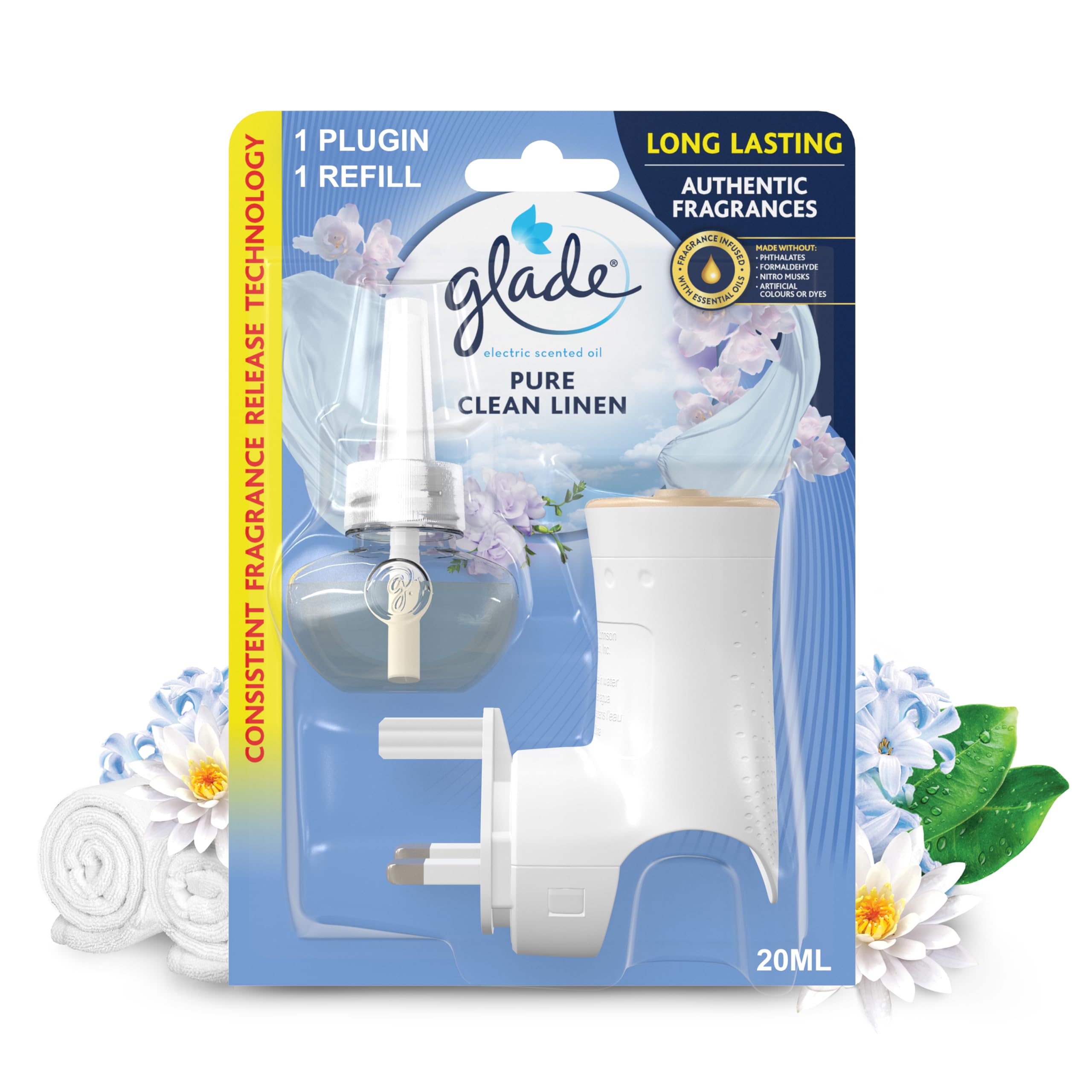 Glade Plug in Air Freshener Holder and Refill, Electric Scented Oil Room Air Freshener, Clean Linen, Pack of 4 Starter Kits, (4 x Holder and 4 x 20 ml Refill)