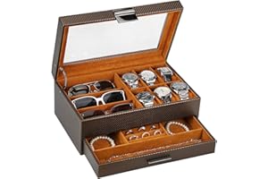 LANDICI Watch Box for Men Women 2 Layer PU Leather Watch Organizer Storage Case,Large Jewelry Box Watch Holder Organizer Display for Watch Sunglasses Bracelet Necklace Ring,Coffee & Orange