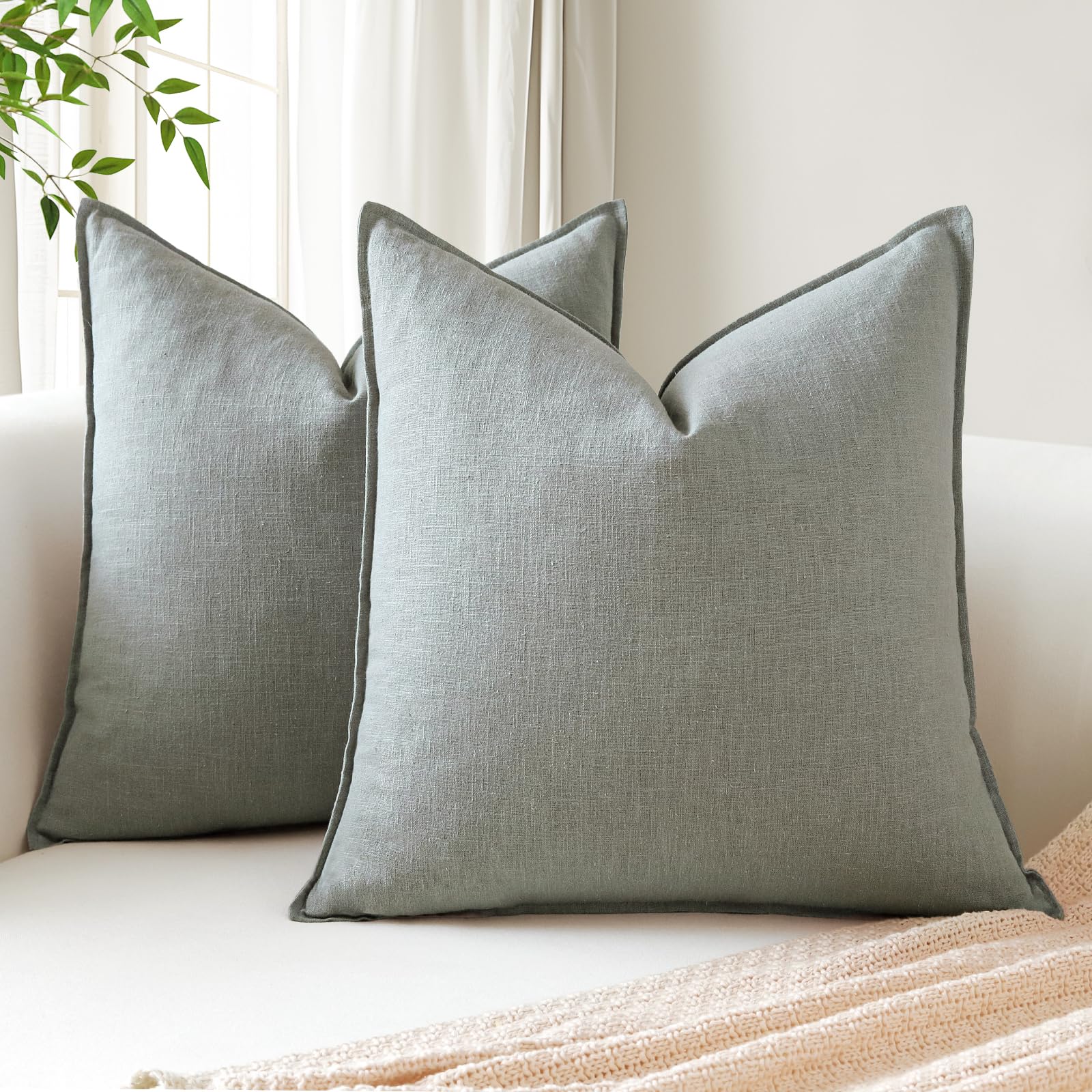 Sungeek Set of 2 Soft Linen Decorative Cushion Covers 60cm x 60cm Solid Farmhouse Throw Pillow Covers Boho Accent Cushion Cases for Sofa Couch Chair Bedroom Home Decor Pillowcases, Grey