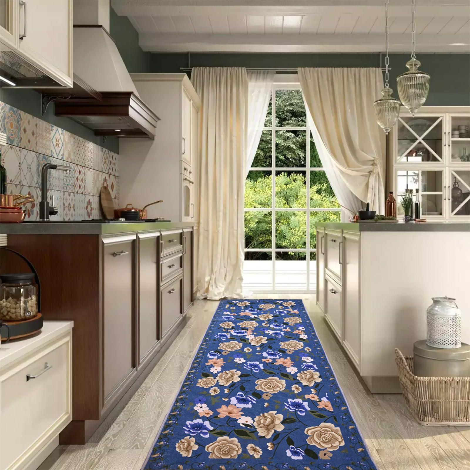 Photo 1 of Runner Rug 2'x 6' for Hallways Machine Washable Long Throw Rugs Non Slip with Rubber Backing Soft Boho Vintage Floral Fluffy Carpet Thin Floor Mat for Entryway, Kitchen, Laundry, Bedroom(Blue)