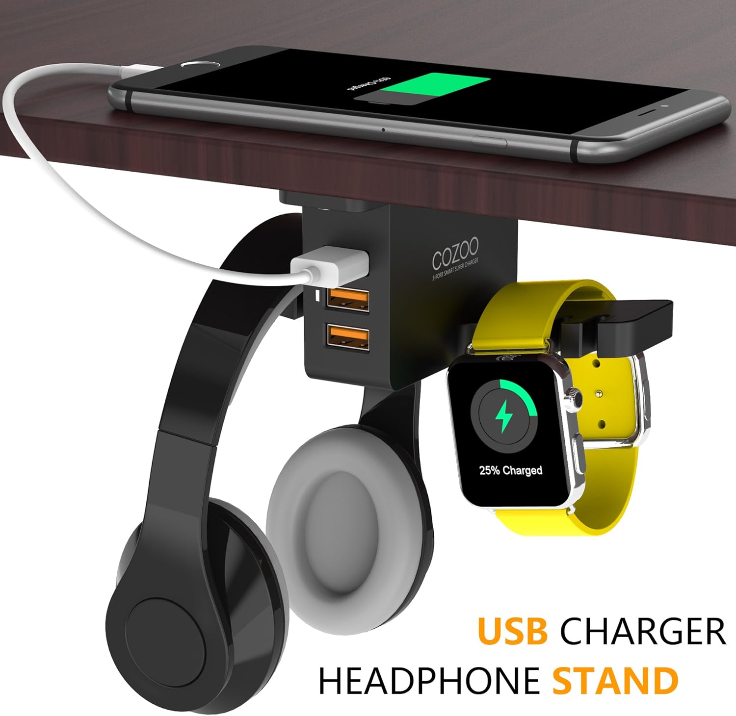 Headphone Stand with USB Charger COZOO Under Desk Headset Holder Mount with 3 Port USB Charging Station and iWatch Stand Smart Watch Charging Dock Dual Earphone Hanger Hook,UL Tested: Electronics