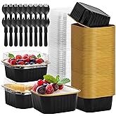 CXIIPOL 60 Pack 5 OZ Mini Cake Pans with Lids, 3.5x3.5 Inch Mini Cake Tins, Aluminum Foil Square Baking Cups Disposable Cake Containers for Party, Wedding, Birthdays, Black and Gold