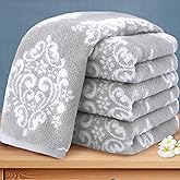 Hand Towels for Bathroom, 4PC 16"x27" - 100% Cotton | Quick Dry | Absorb | Lightweight, Decorative Hand Towels for Showering, Gray Damask Pattern Towel, Bathroom Essentials, Grey and White