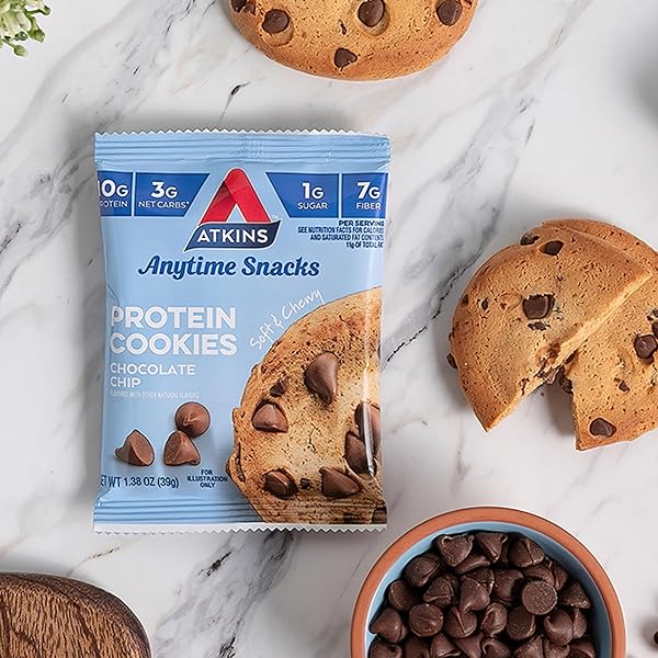 ATKINS CHOCOLATE CHIP PROTEIN COOKIE, PROTEIN DESSERT, RICH IN FIBER, 3G NET CARB, 1G SUGAR, KETO FRIENDLY, 4 COUNT