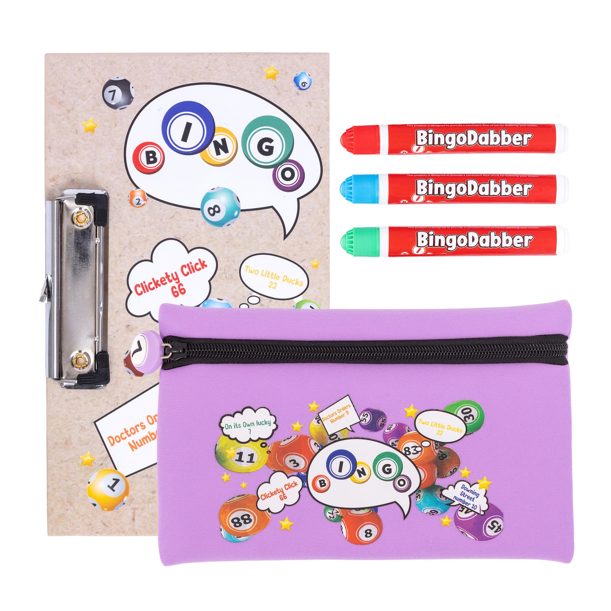 evelay Bingo Dabber Case Holder Gift Set | 3 Bingo Dabbers | 1 Bingo Board with Clip | Storage Bag with Lucky Number Zip Pull | Non-Drip Ink | 6 Colour Options for Bingo Lovers — image 1