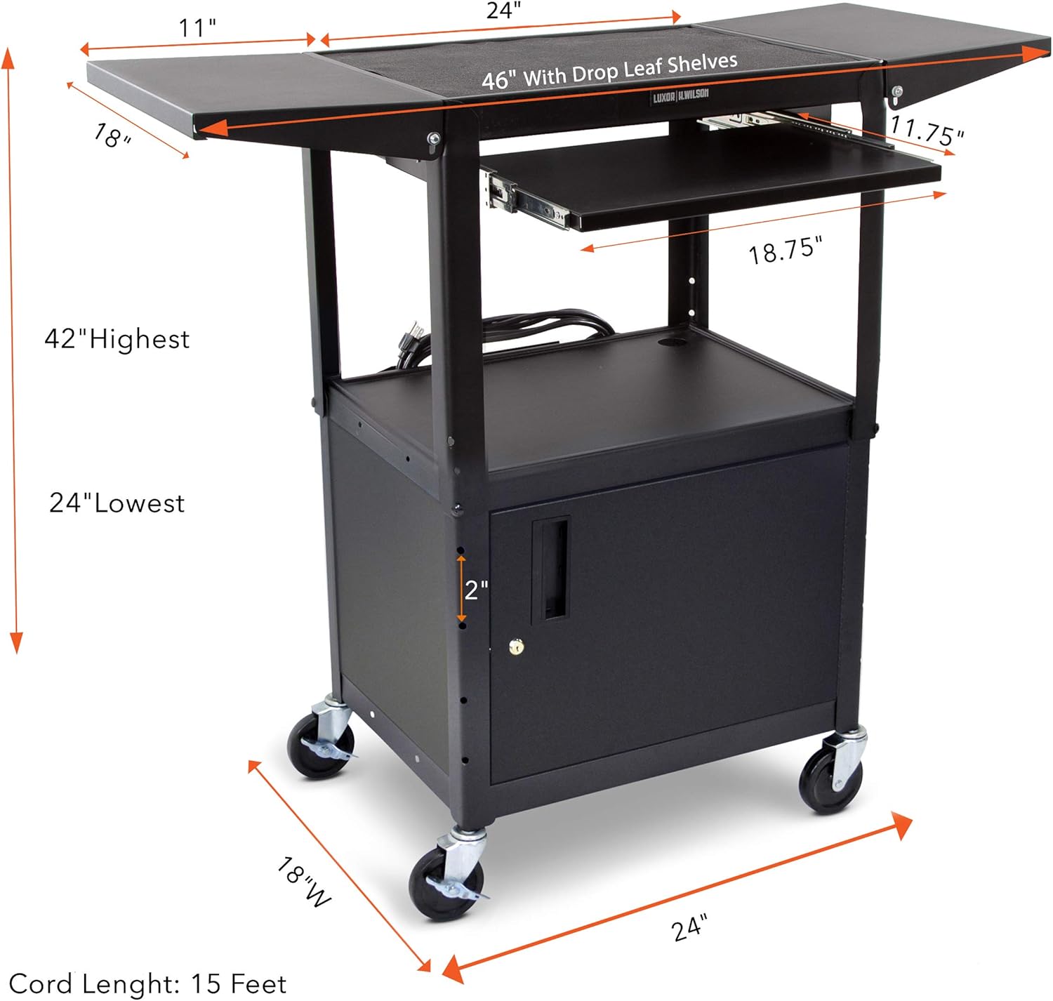 Line Leader AV Cart with Locking Cabinet and Drop Leaves - Height Adjustable Utility Cart with Extra Storage - Power Strip and Cord Management - Great for Presentations (Black / 46 x 18) : Office Products