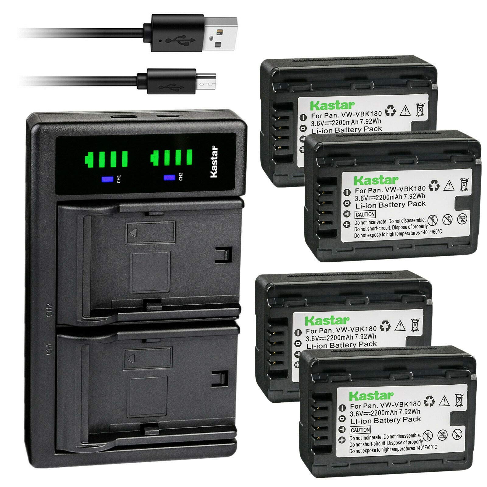 Kastar 4-Pack VW-VBK180 Battery and LTD2 USB Charger Replacement for Panasonic HDC-SD80P, HDC-SD80PC