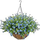 NETAP Artificial Hanging Flowers Basket for Outdoor, 16 Fake Flowers Look Real UV Resistant, Faux Hanging Plants for Porch, Balcony, Patio, Garden, Spring Summer Decor,Blue