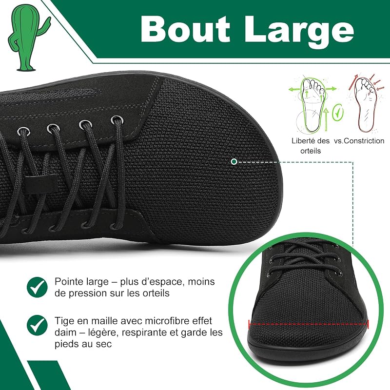 Barefoot Femme Homme Chaussures Minimaliste Knit Luck Ⅰ Barefoot Shoes Chaussures Pieds Nus Décontractées, zéro Drop, Large Toe Box pour la Marche et Le Travail Noir,GR.38