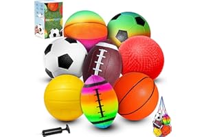 COAMZPARTY 8.5 Inch Sports Balls Set 7 Pack, Playground Balls for Kids&Adults, Includes Soccer Ball, Basketball, Rainbow Ball