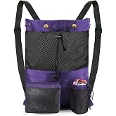 BeeGreen Gym Bags for Men Women Mesh Drawstring Backpack for Swim Sports Workout Gear Gifts for Swimmers Beach Pool Wrestling Backpack Cinch Bag With 3 Pockets Purple XLarge