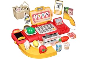Jovow 36PCS Cash Register Toy Playset,Pretend Play Money Kids Calculator Cash Register with Scanner, Microphone, Credit Card,Weighers, Conveyors,Play Food, Gift for Ages 3+ Boys Girls [ Red]