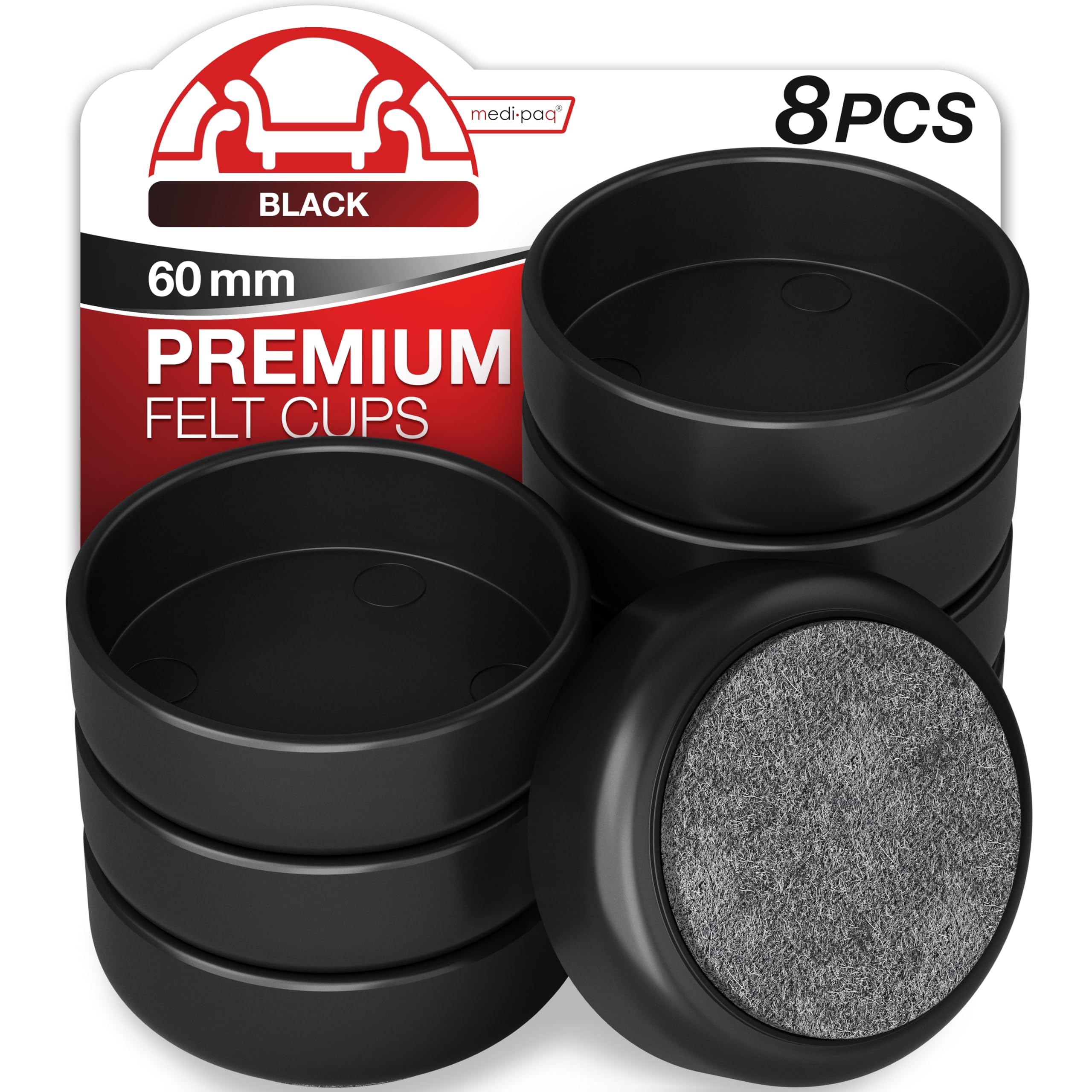 Medipaq Felt Castor Cups – 8x Large 60mm Black – Protects Wooden & Smooth Floors – Chair & Furniture Leg Protectors