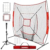 BaseGoal 7'×7' Baseball Softball Practice Net,Baseball Backstop,with Batting Tee,for Hitting Pitching Batting Catching with Bow Frame,Bonus Strike Zone