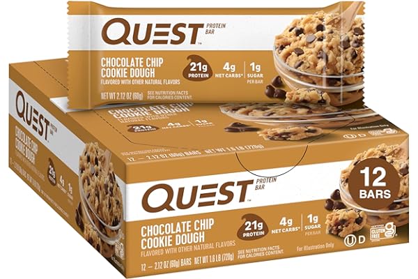 Quest Nutrition Chocolate Chip Dough Cookie Protein Bars, 21g Protein, 1g Sugar, 4g Net Carb, Gluten Free, Keto Friendy, 12 Count