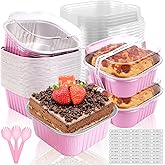 BZIDII 10oz Mini Cake Pans With Lids 50 Pack Aluminum Foil Square Brownie Baking Cups,4”x4” Disposable Loaf Pans With Lids and Spoons Stickers,Large Cupcake Pans Muffin Cake Tins Cake Container(Pink)