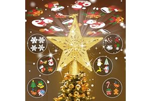 TKYHRMAS Christmas Tree Toppers Lighted with 6 Projection Modes, Christmas Star Tree Topper with Built-in LED Rotating Lights, Gold 3D Glitter Projection for Xmas Party Holiday Decorations