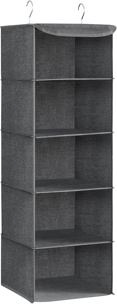 SONGMICS Grey Hanging Wardrobe Storage Organiser Foldable Linen Pattern Bamboo