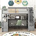 Harper & Bright Designs Full Size Loft Bed with Stairs and Desk, Solid Wood Loft Bed Frame with Storage Drawers and Bookshelf，for Kids Teens Adults (Gray)