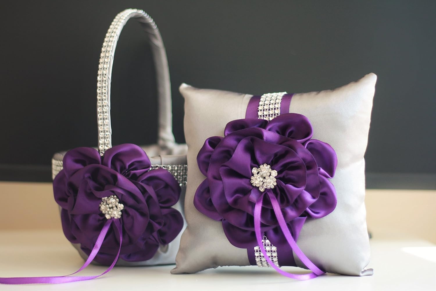 Amazon Com Plum Flower Girl Basket Gray Ring Bearer Pillow