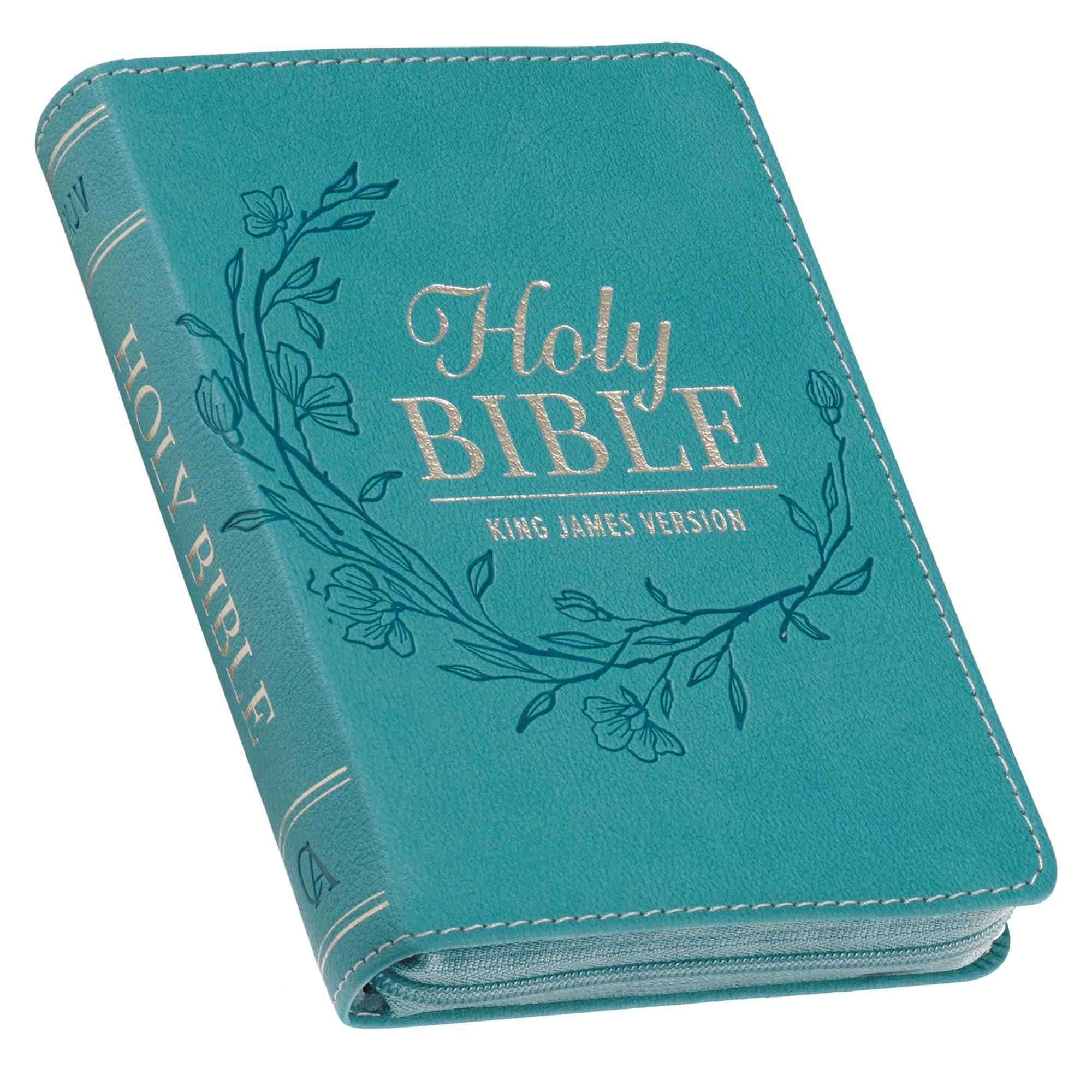 KJV Holy Bible, Mini Pocket Size, Red Letter Edition, Reading Plan, Thematic Verse Finder, Ribbon Bookmark, King James Version, Vegan Leather, Aqua, Zipper Closure, 6.2