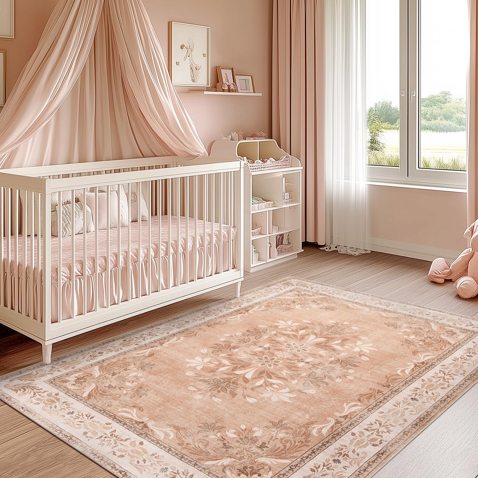 Photo 1 of jinchan Vintage Floral 5x7 Area Rugs - Machine Washable Distressed Design Soft Ultra-Thin Low-Pile Non-Slip Carpet for Kitchen Bedroom Nursery Living Room Dining Room Home Office (5x7ft,Coral Pink)