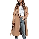 Majdan Women's Notch Lapel Wool Blend Coat Mid Long Winter Overcoat Oversized Peacoat Belted Long Jacket