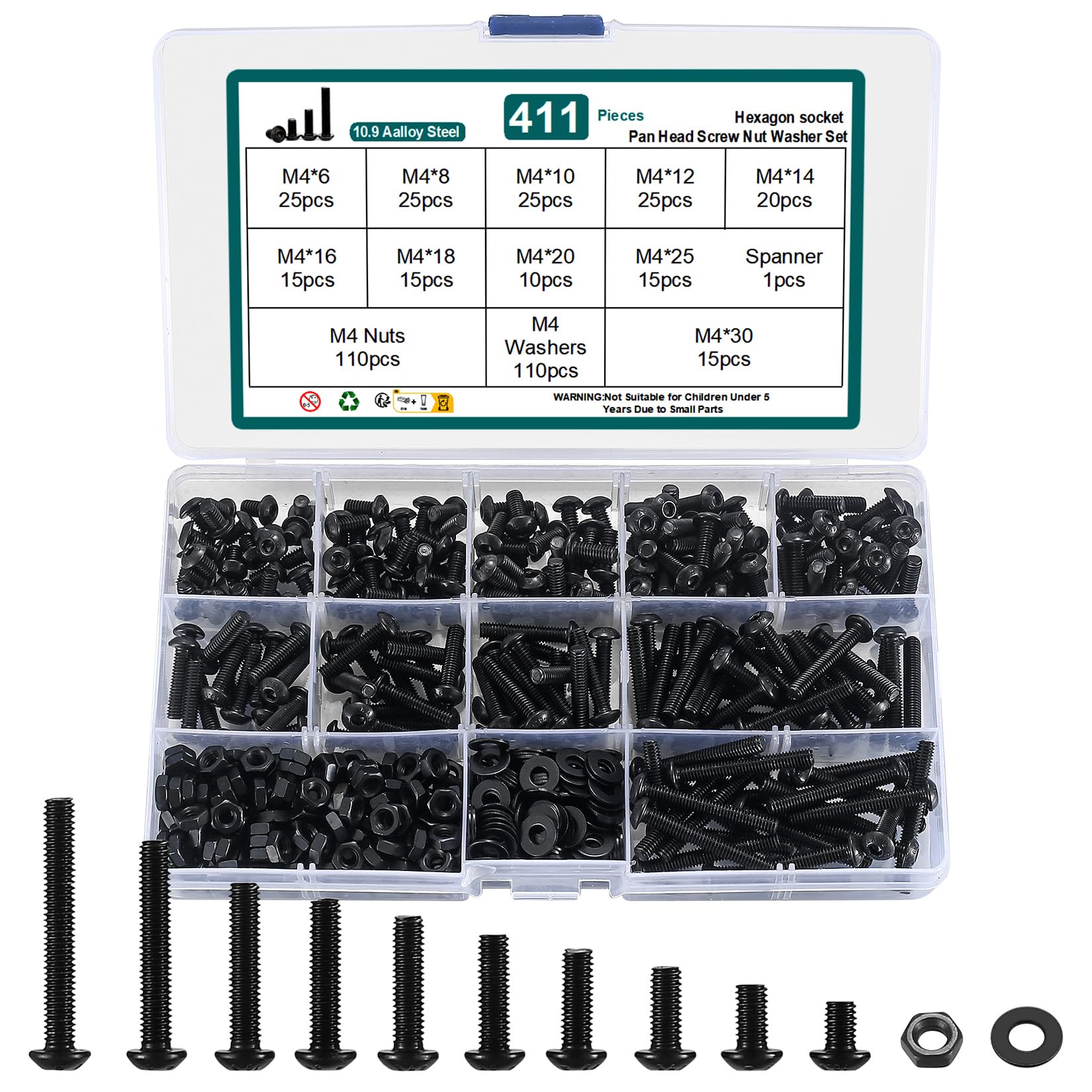 Nuts and Bolts Set, 411 Pcs Black Hex Socket, Round Head Machine Screws, Bolts, Nuts and Washers Kit