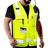 NoCry Premium Reflective Safety Vest for Men with Heavy-Duty Stitching & Phone Pocket — ANSI Class 2 High-Visibility Neon Workwear with Multiple Pockets – Ideal for Construction Workers & Surveyors