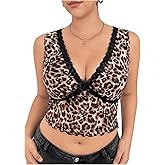 Milumia Women's Plus Size Leopard Print Lace Trim V Neck Y2K Crop Tank Tops