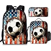 3PCS Soccer Print Backpack for Boys Girls Teens, School Backpack with Lunch Box Pencil Case for Elementary Middle High Students, 17 Inch Lightweight Bookpack 3 in 1 Set Back to Shool Gifts for Kids
