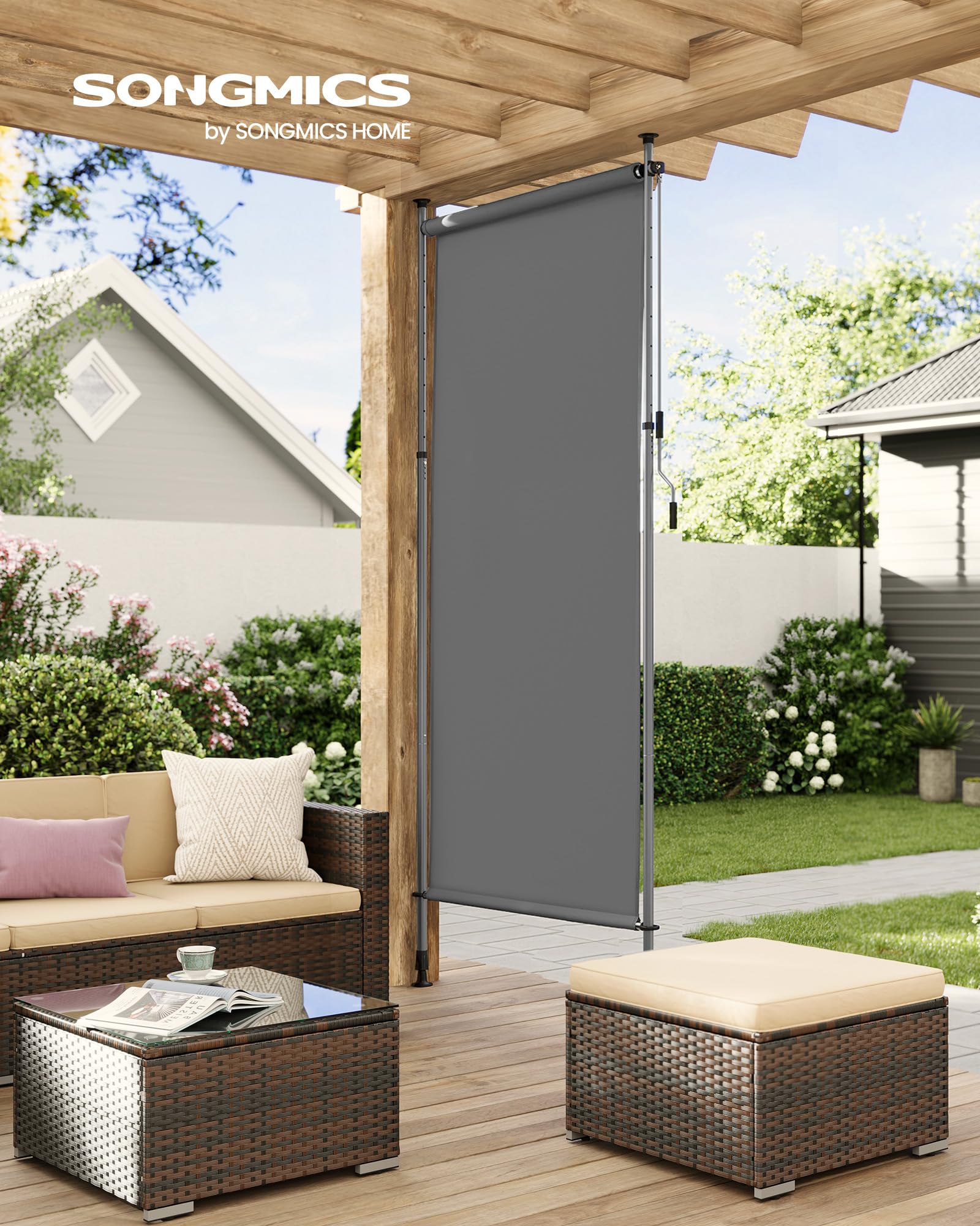 SONGMICS Senkrechtmarkise, höhenverstellbar, 120 x (220-300) cm, kein Bohren erforderlich, Vertikalmarkise für Terrasse, Balkon mit Markisenkasten, UPF 50+, Sichtschutz, anthrazitgrau GSA0120G01 2