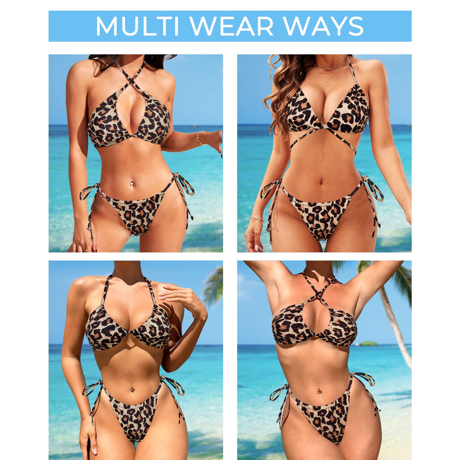 SUUKSESS Women String Triangle Bikini Sets Tie Side Thong Sexy Halter Swimsuits 2 Pieces (Cheetah, S) - Image 2