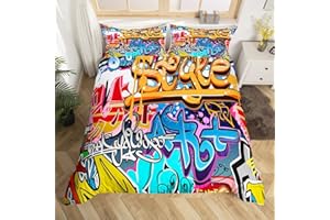 Feelyou Hippie Graffiti Comforter Cover Set Queen Size for Kids Boys Youth Duvet Cover Modern Bedclothes Wall Urban Street Art Bedspread Cover with 2 Pillow Shams Zipper&Ties Personalized