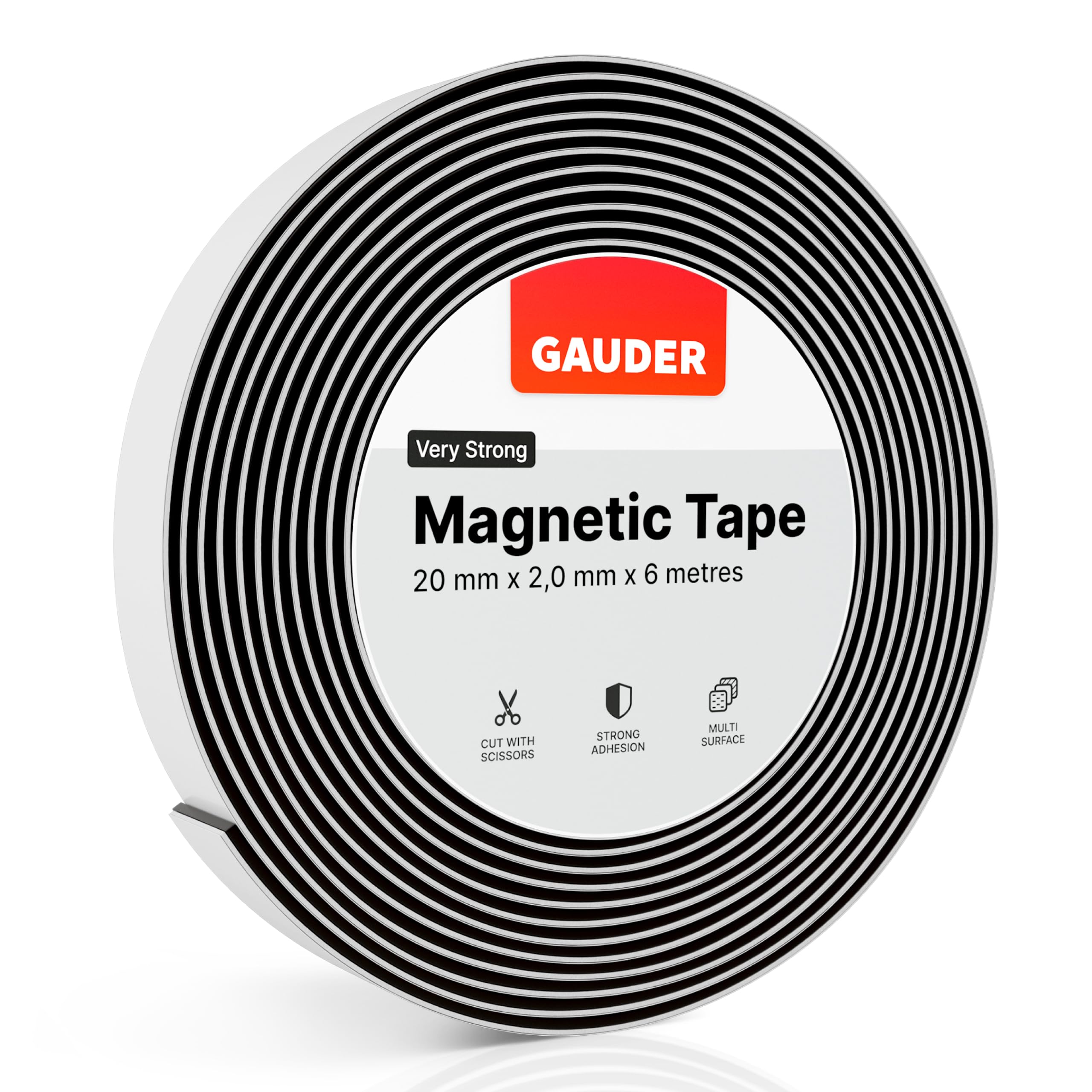 GAUDER Self-Adhesive Magnetic Tape Strong - Foam Adhesive Magnetic Strips for Uneven Surfaces - High Strength Magnet Roll with Enhanced Adhesion and Optimized Force (6 m x 20 mm)