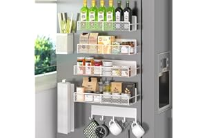 DTUQYX Magnetic Spice Rack for Refrigerator, 7 Pack Metal Magnetic Shelf White, Moveable Spice Organizer with Hook Rack, Paper Towel Holder, Kitchenware Holder, Strong Magnetic Storage Fridge Organizer