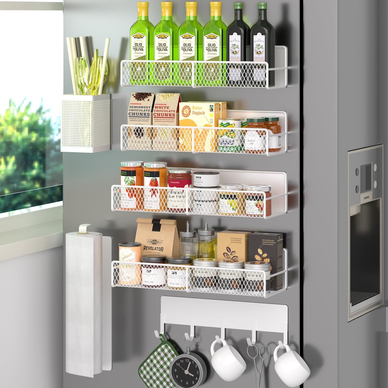 Magnetic Spice Rack for Refrigerator, 7 Pack 100% Metal Strong Magnet Shelves, Kitchen Spice Organizer W/ Hook Rack, Paper Towel Holder, Utensils Caddy, Home Laundry Room Storage Organization (White) Image