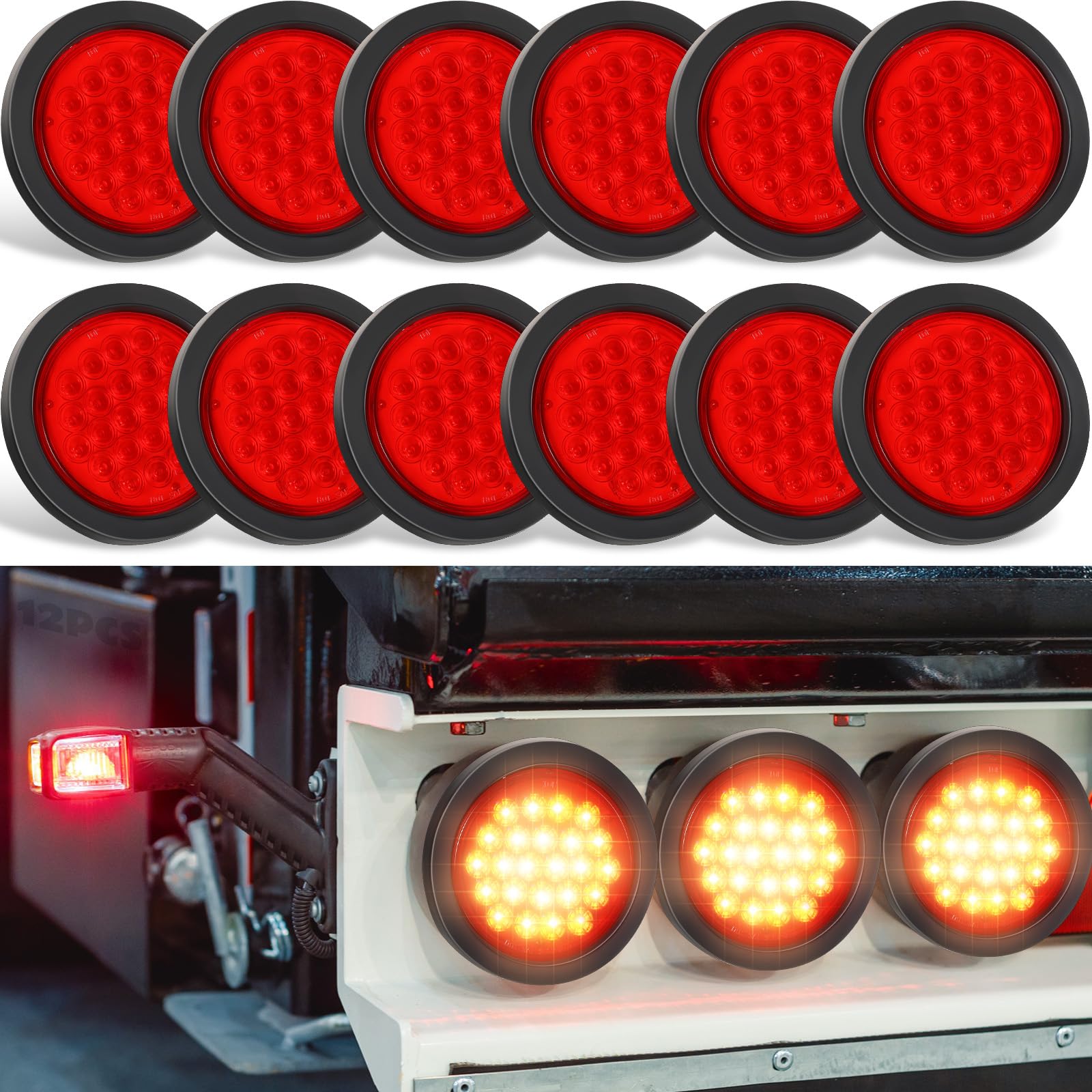 Photo 1 of Retisee 12 Pcs 4 Inch Round Trailer Lights 24 LED Trailer Marker Lights 12V LED Brake Turn Reverse Signal Tail Lights with Waterproof Rubber Gaskets for Boat Trailer Truck RV (Red)