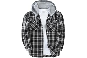 Puwasa Mens Flannel Hoodie Shirts Long Sleeve Casual Plaid Jacket Cotton Button Down Flannel Shirt for Men