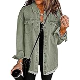 BUKTEMEC Oversized Denim Jacket for Women,Long Sleeve Button Down Frayed Hem Washed Distressed Boyfriend Jean Shacket Jackets