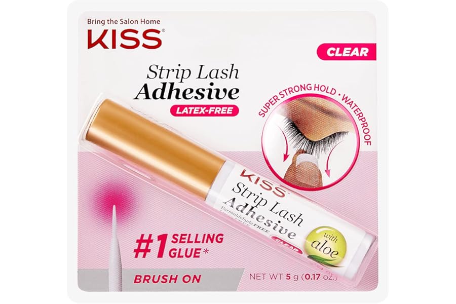 KISS Clear Strip Lash Adhesive With Aloe, Waterproof, Formaldehyde and Latex Free, Odor Free, Cruelty Free, Super Strong Hold Eyelash Glue with Brush Applicator, 0.17 Oz