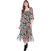 London Times Womens Square Neck Floral Midi Dress with 3/4 Puff Sleeves - A-line Wedding Guest Dresses