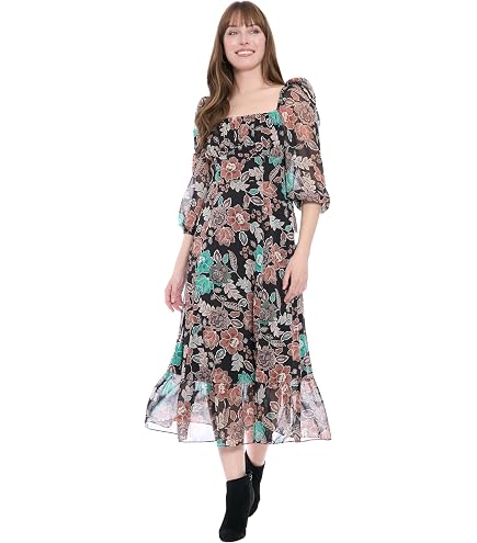 women's london times printed midi a-line dress - Square Neck 3/4 Sleeve - Elegant Wedding Guest Dresses Color:Yellow-Gold baby showers size:18 Bohemian Lace Wedding Dress