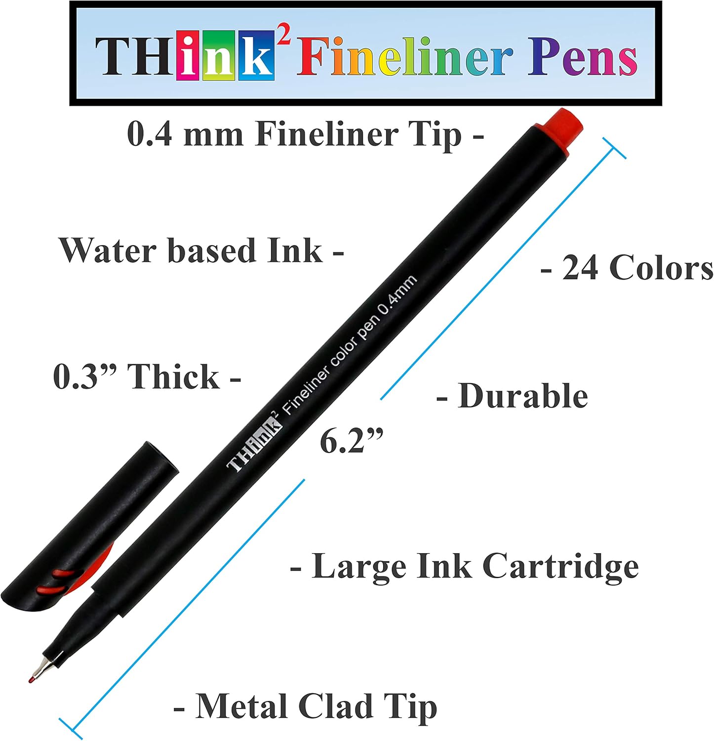 Think2 24 Fineliner Assorted Color Pens Set. 0.4 Extra Fine Tip is great for Bullet Journaling, Writing, Note Taking, Calendar, Coloring, Art, Scrapbook. Ideal for girls, kids, teens & adults : Office Products