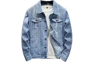 Mens Ripped Motorcycle Denim Jacket Casual Fashion Jean Jacket Slim Button Down Trucker Jacket Outerwear