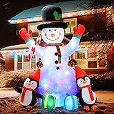 6ft Christmas Inflatables Outdoor Decorations Embrace Snowman and Penguins Built-in Colorful Rotating Led Lights Blow Up Snow Man Wear Magic Hat Yard Decor for Party Indoor Garden Lawn Xmas